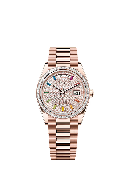 Rolex Day-Date 36 128395TBR – Everose Gold Diamond-Pavé Rainbow Dial - Zeuskicks