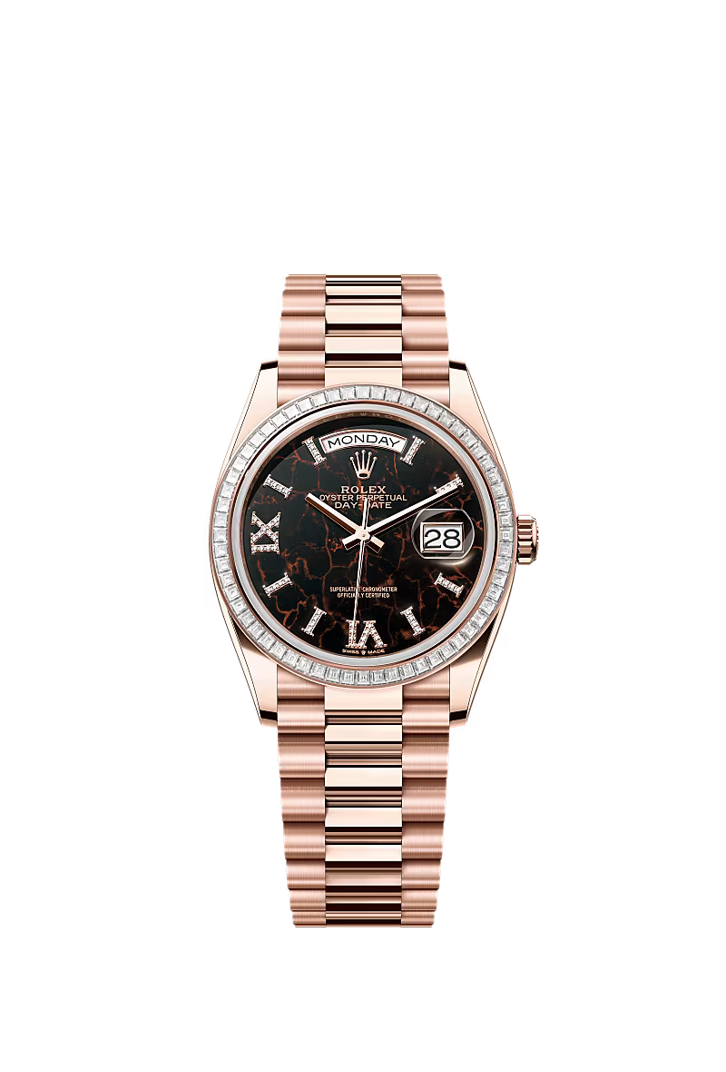Rolex Day-Date 36 128395TBR Everose Gold Eisenkiesel Dial – Diamond Hour Markers - Zeuskicks