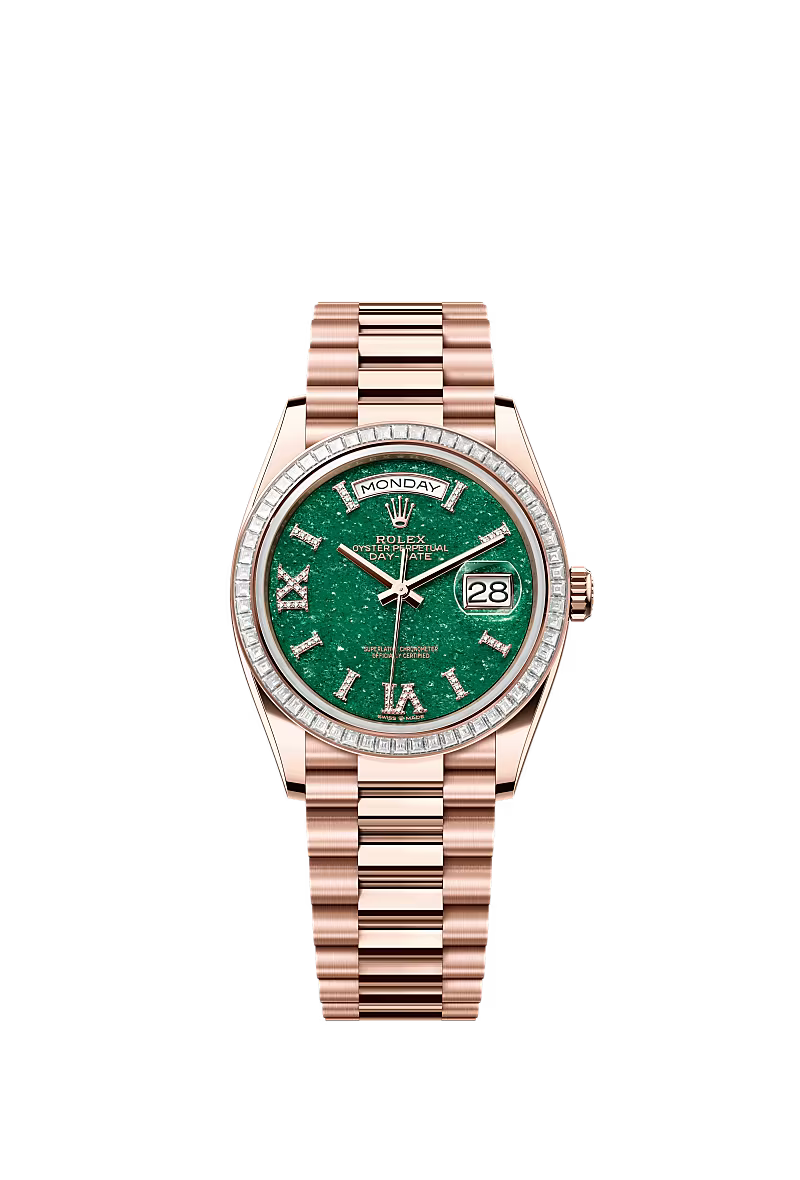 Women's Rolex Day-Date 36 128395TBR Everose Gold – Green Aventurine Dial with Diamond Markers - Zeuskicks