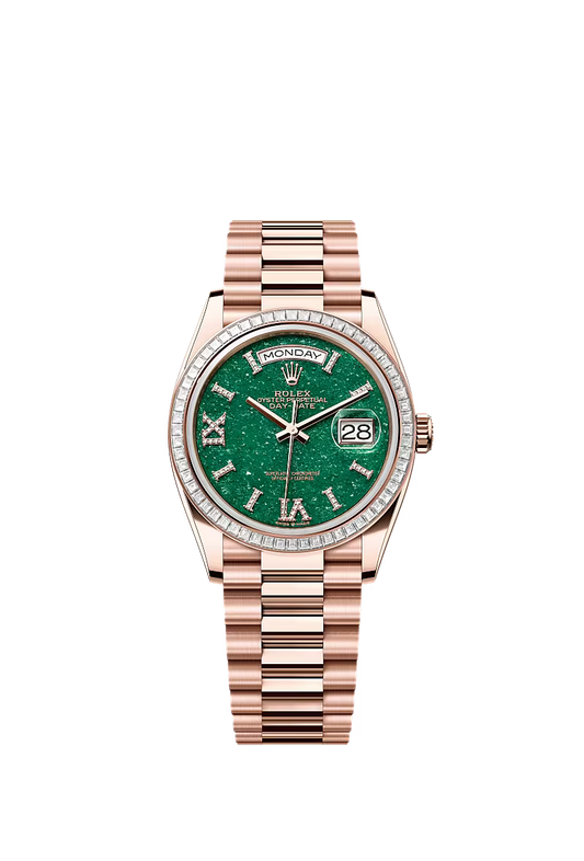 Women's Rolex Day-Date 36 128395TBR Everose Gold – Green Aventurine Dial with Diamond Markers - Zeuskicks