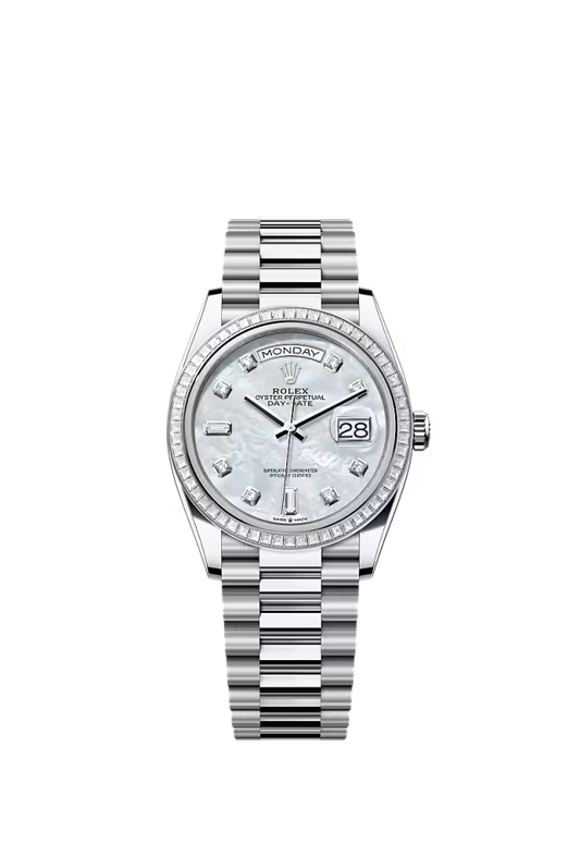 Men’s Rolex Day-Date 36 128396TBR Automatic Watch – Platinum & Diamond Mother-of-Pearl Dial - Zeuskicks