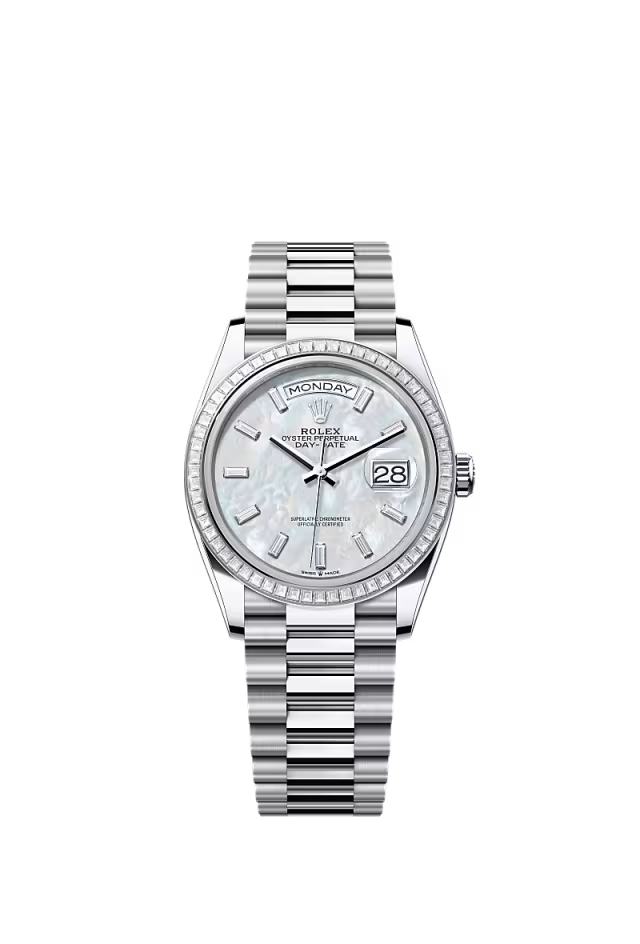 Men’s Rolex Day-Date 36 128396TBR Automatic Watch – Platinum & Diamond Mother-of-Pearl Dial - Zeuskicks