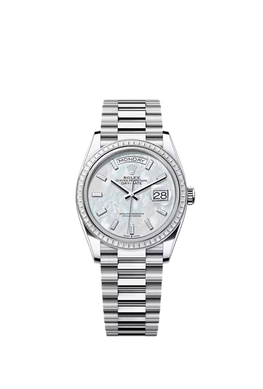 Men’s Rolex Day-Date 36 128396TBR Automatic Watch – Platinum & Diamond Mother-of-Pearl Dial - Zeuskicks