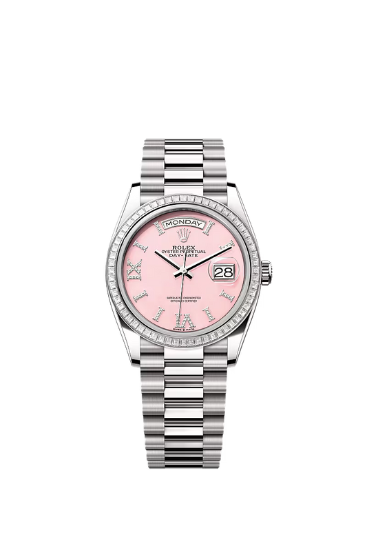 Men’s Rolex Day-Date 36 128399TBR Automatic White Gold Diamond Watch – Pink Opal Dial - Zeuskicks