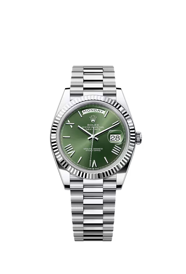 Rolex Day-Date 40 Platinum Oyster Watch – Reference 228236 with Olive Green Dial - Zeuskicks