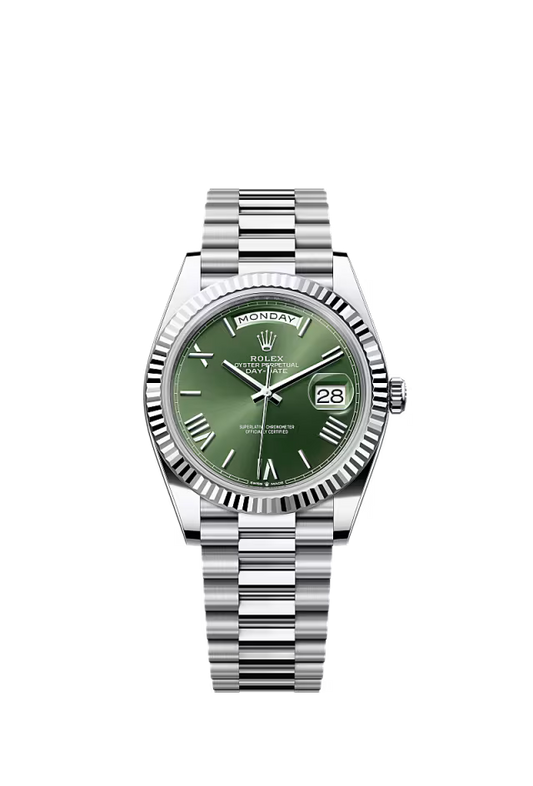 Rolex Day-Date 40 Platinum Oyster Watch – Reference 228236 with Olive Green Dial - Zeuskicks