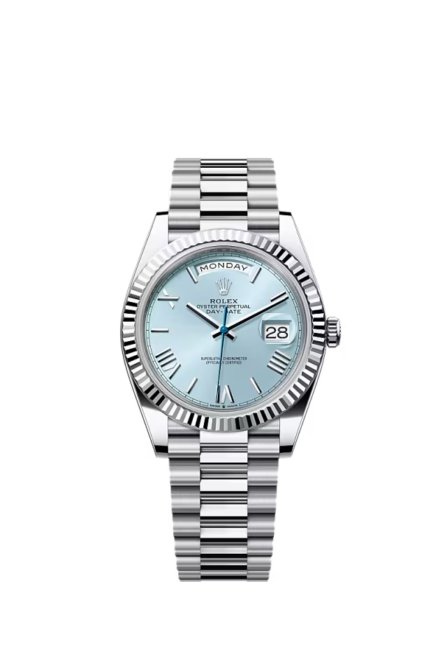 Rolex Day-Date 40 Platinum Oyster Watch – Reference 228236 with Ice Blue Dial - Zeuskicks