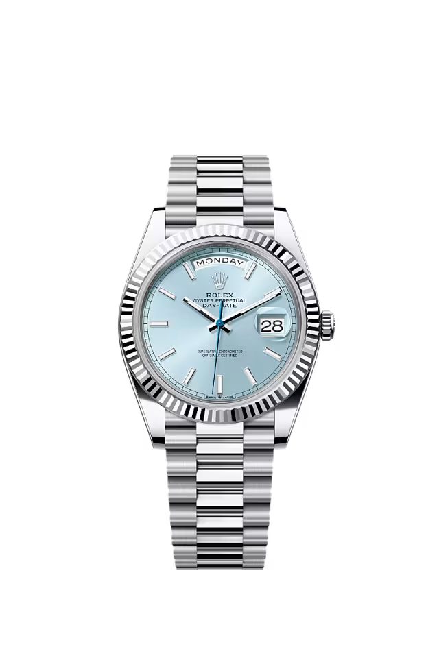 Rolex Day-Date 40 Platinum Oyster Watch – Reference 228236 with Ice Blue Dial - Zeuskicks