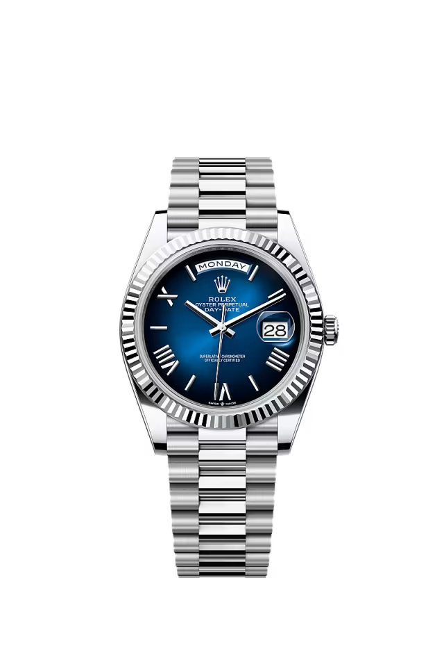 Rolex Day-Date 40 Platinum Oyster Watch – Reference 228236 with Blue Ombré Dial - Zeuskicks