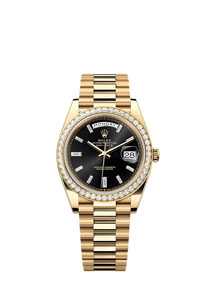 Rolex Day-Date 40 228348RBR Yellow Gold Diamond Dial Bright Black - Zeuskicks