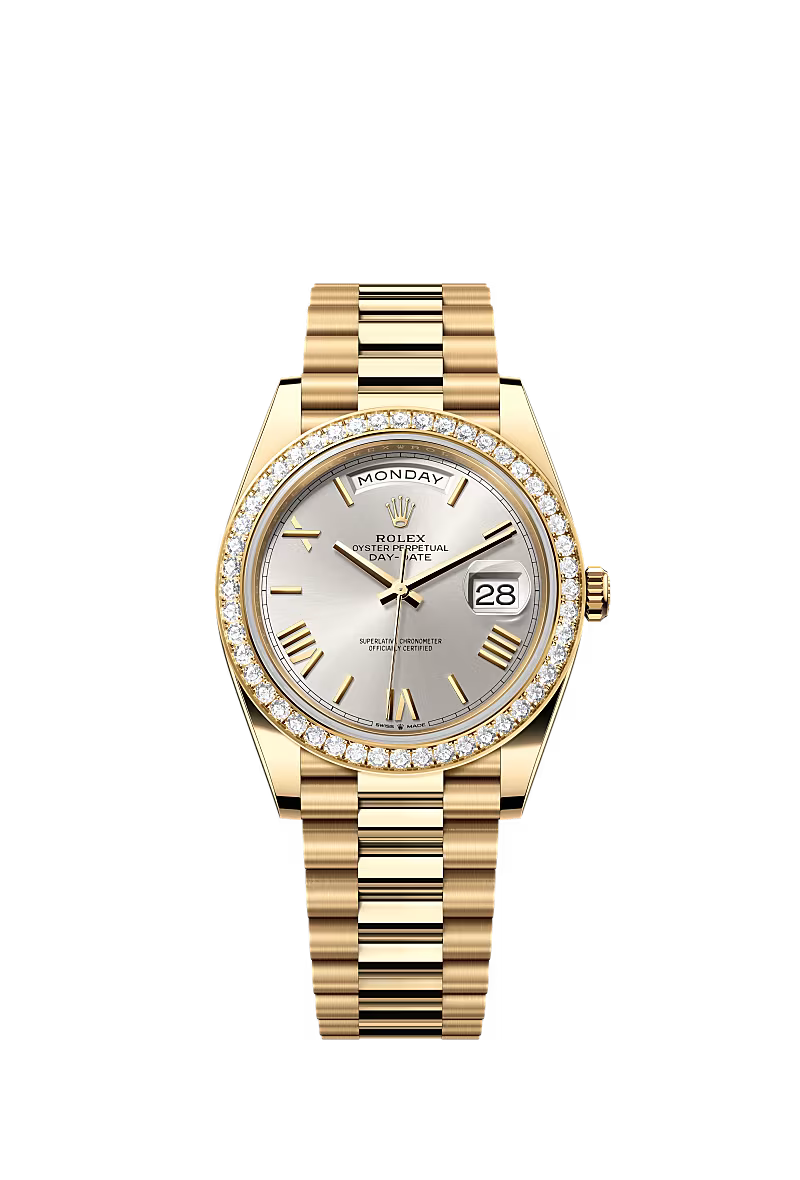 Rolex Day-Date 40 228348RBR Yellow Gold Diamond Bezel Silver Dial President - Zeuskicks
