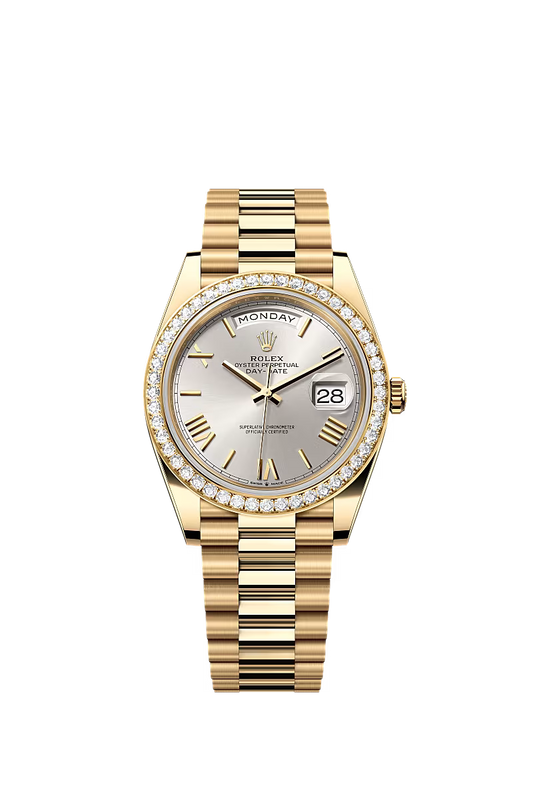 Rolex Day-Date 40 228348RBR Yellow Gold Diamond Bezel Silver Dial President - Zeuskicks
