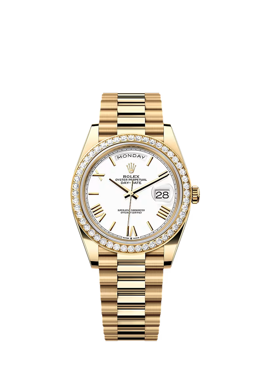 Rolex Day-Date 40 228348RBR Yellow Gold Diamond Bezel White Dial President - Zeuskicks