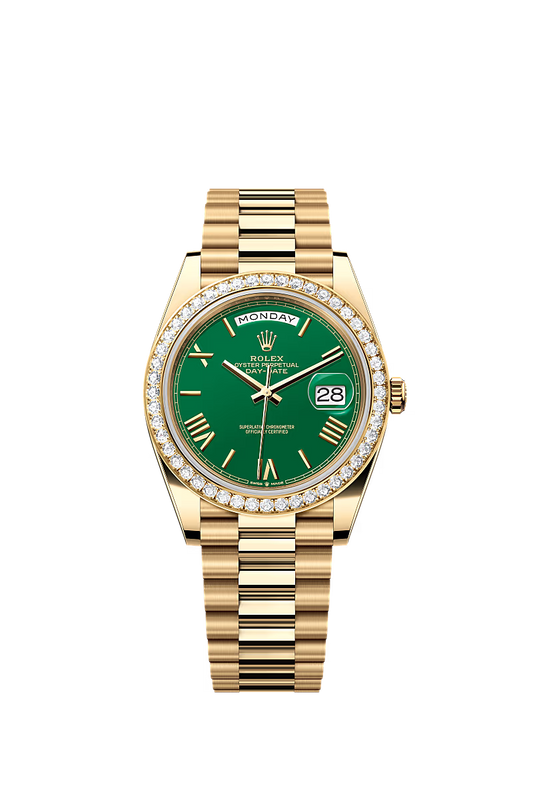 Rolex Day-Date 40 228348RBR Yellow Gold Diamond Bezel Green Dial President - Zeuskicks