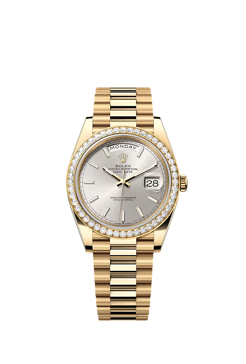 Rolex Day-Date 40 228348RBR Yellow Gold Diamond Bezel Silver Dial President - Zeuskicks