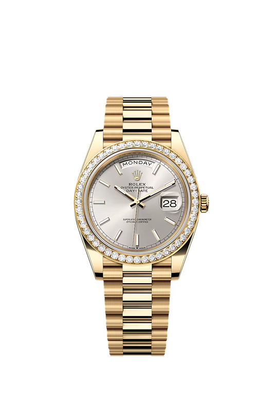 Rolex Day-Date 40 228348RBR Yellow Gold Diamond Bezel Silver Dial President - Zeuskicks