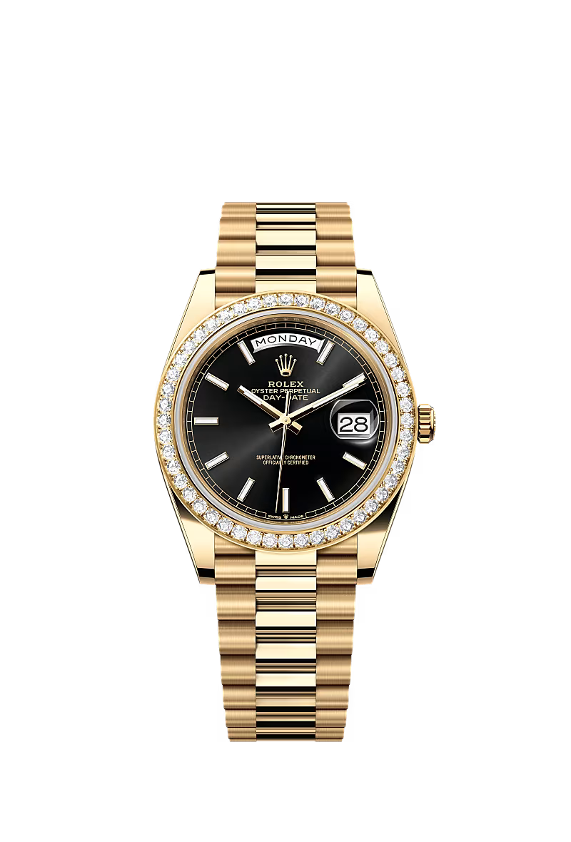 Rolex Day-Date 40 228348RBR Yellow Gold Diamond Bezel Black Dial President - Zeuskicks