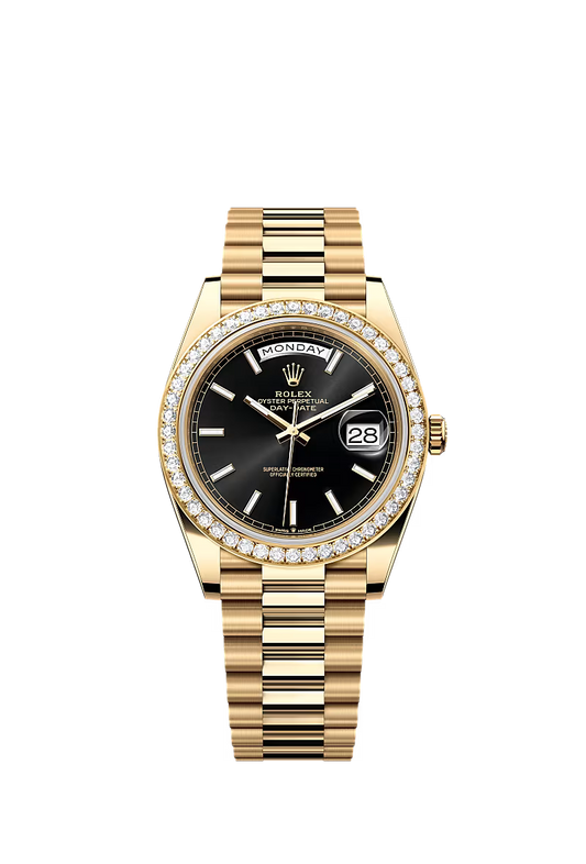 Rolex Day-Date 40 228348RBR Yellow Gold Diamond Bezel Black Dial President - Zeuskicks