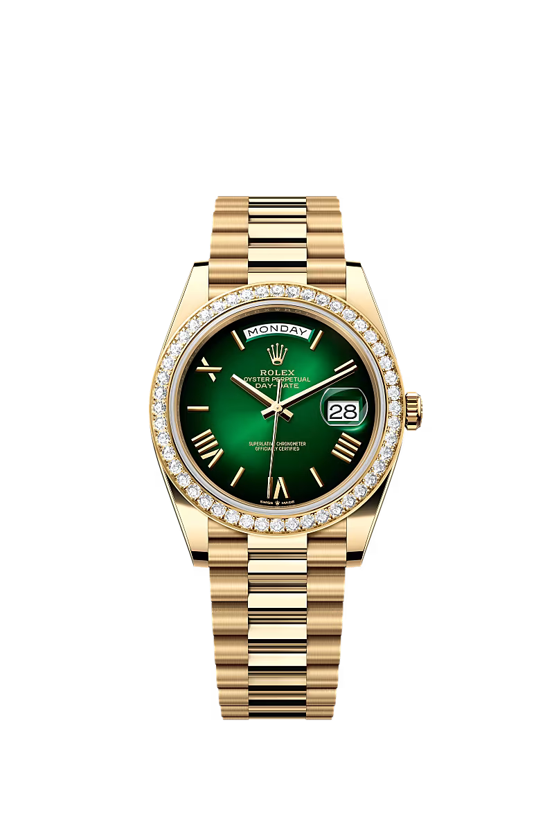 Rolex Day-Date 40 228348RBR Yellow Gold Diamond Bezel Green Ombré Dial President - Zeuskicks