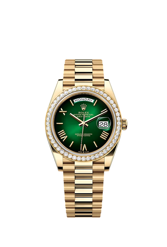 Rolex Day-Date 40 228348RBR Yellow Gold Diamond Bezel Green Ombré Dial President - Zeuskicks