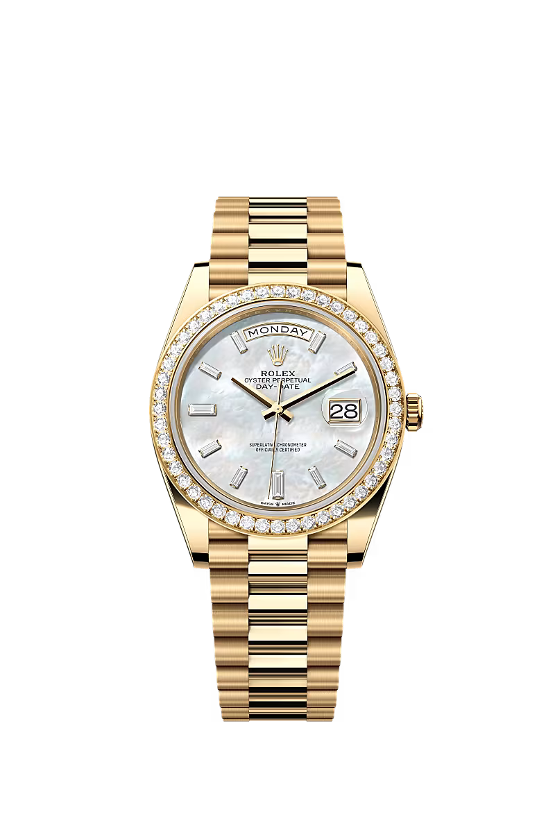 Men’s Rolex Day-Date 40 228348RBR Yellow Gold White Mother-of-Pearl Diamond Dial - Zeuskicks