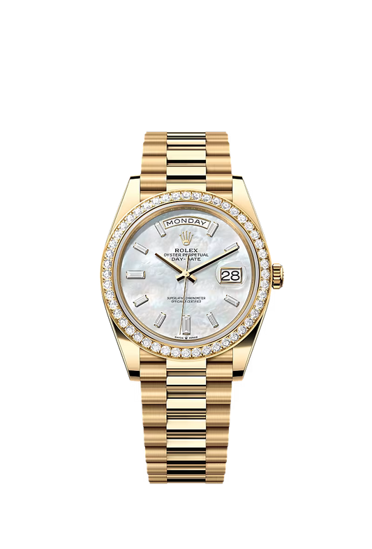 Men’s Rolex Day-Date 40 228348RBR Yellow Gold White Mother-of-Pearl Diamond Dial - Zeuskicks