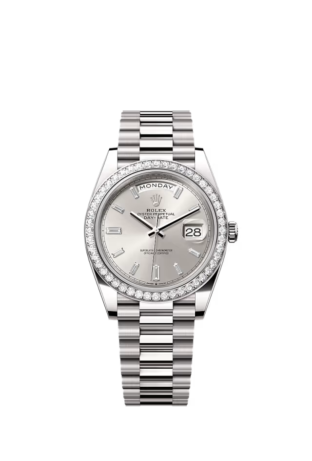 Men’s Rolex Day-Date 40 228349RBR Automatic White Gold Diamond Watch – Silver Diamond Dial - Zeuskicks