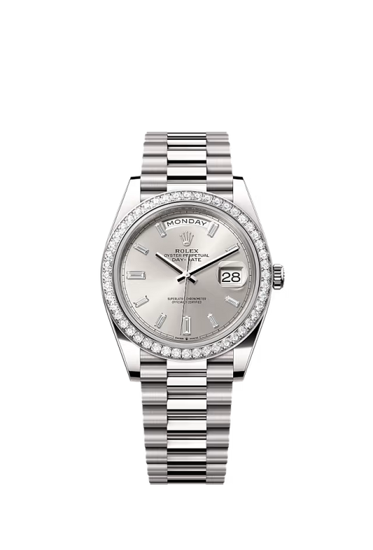 Men’s Rolex Day-Date 40 228349RBR Automatic White Gold Diamond Watch – Silver Diamond Dial - Zeuskicks