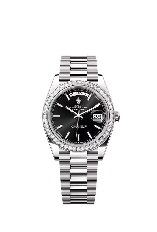 Men’s Rolex Day-Date 40 228349RBR Automatic White Gold Diamond Watch – Bright Black Dial - Zeuskicks
