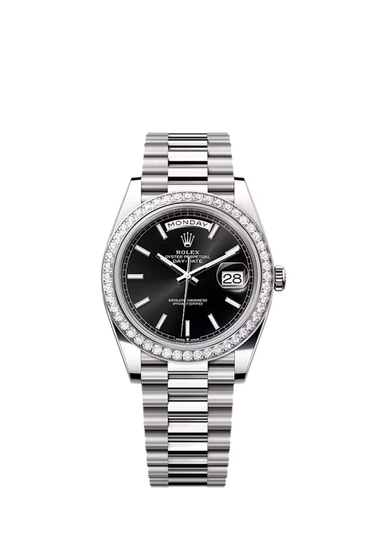 Men’s Rolex Day-Date 40 228349RBR Automatic White Gold Diamond Watch – Bright Black Dial - Zeuskicks
