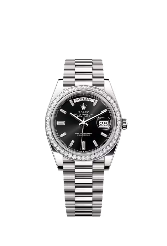 Men’s Rolex Day-Date 40 228349RBR Automatic White Gold Diamond Watch – Black Diamond Dial - Zeuskicks