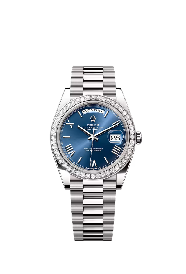 Men’s Rolex Day-Date 40 228349RBR Automatic White Gold Diamond Watch – Bright Blue Dial - Zeuskicks