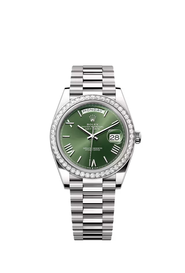 Men’s Rolex Day-Date 40 228349RBR Automatic White Gold Diamond Watch – Olive Green Dial - Zeuskicks