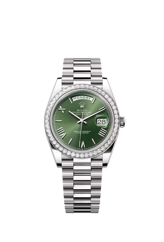 Men’s Rolex Day-Date 40 228349RBR Automatic White Gold Diamond Watch – Olive Green Dial - Zeuskicks