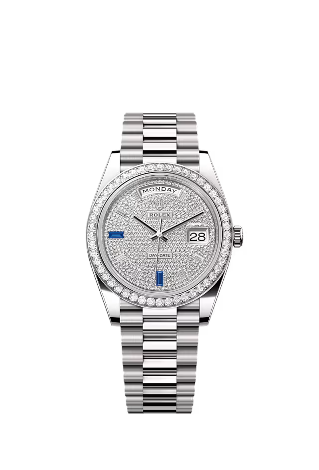 Rolex Day-Date 40 228349RBR – 40 mm White Gold Diamond & Sapphire Paved Dial - Zeuskicks