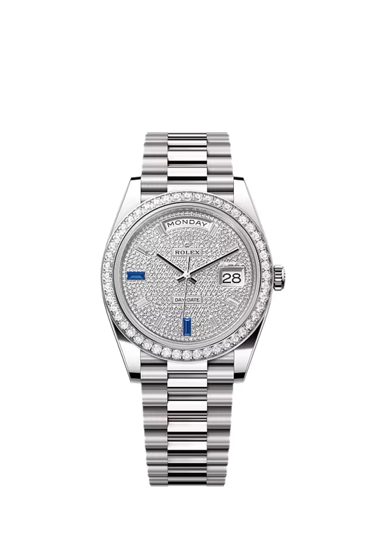 Rolex Day-Date 40 228349RBR – 40 mm White Gold Diamond & Sapphire Paved Dial - Zeuskicks