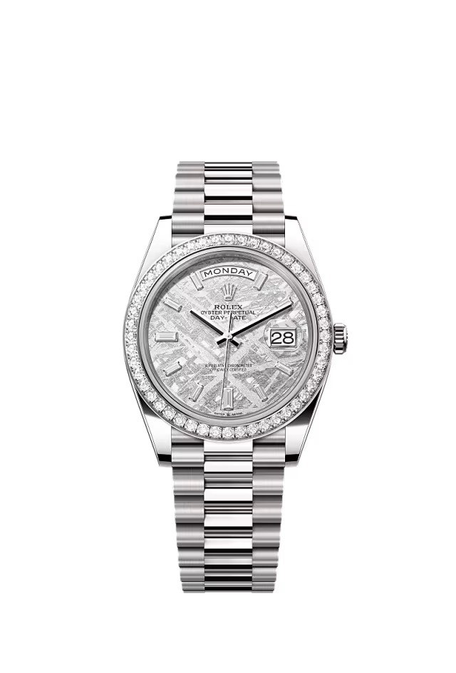 Men’s Rolex Day-Date 40 228349RBR Automatic White Gold Diamond Watch – Meteorite Diamond Dial - Zeuskicks