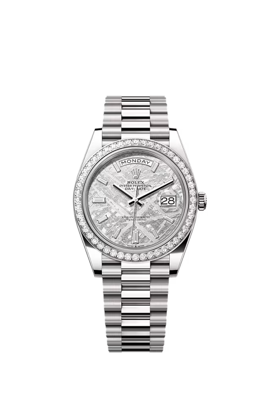 Men’s Rolex Day-Date 40 228349RBR Automatic White Gold Diamond Watch – Meteorite Diamond Dial - Zeuskicks