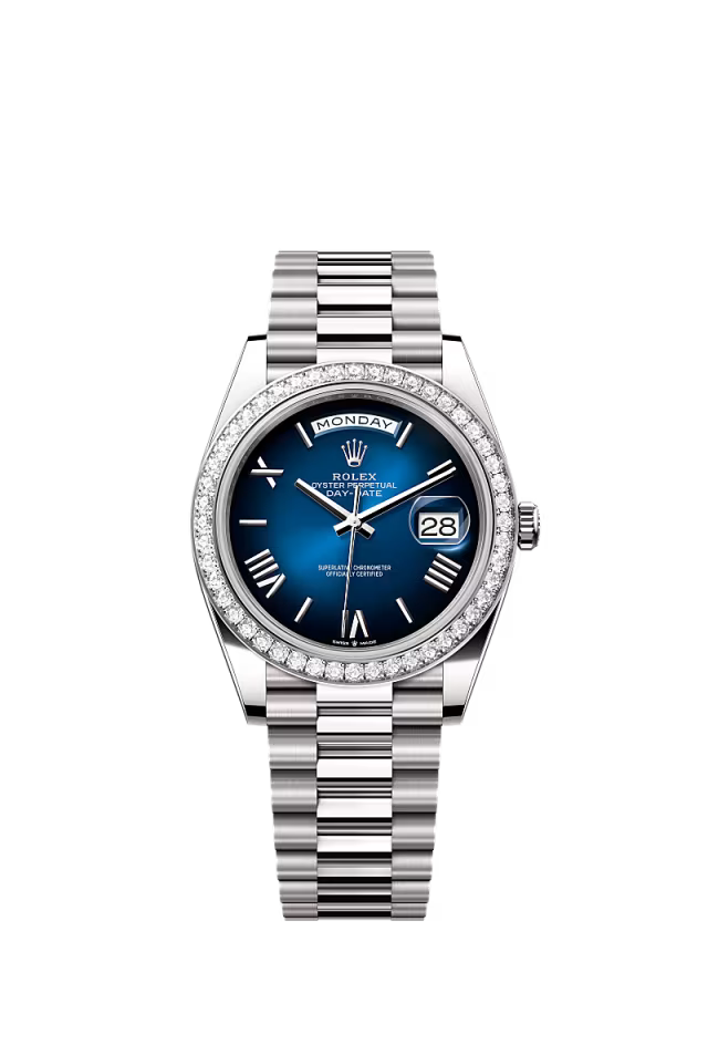 Men’s Rolex Day-Date 40 228349RBR Automatic White Gold Diamond Watch – Blue Ombre Dial - Zeuskicks
