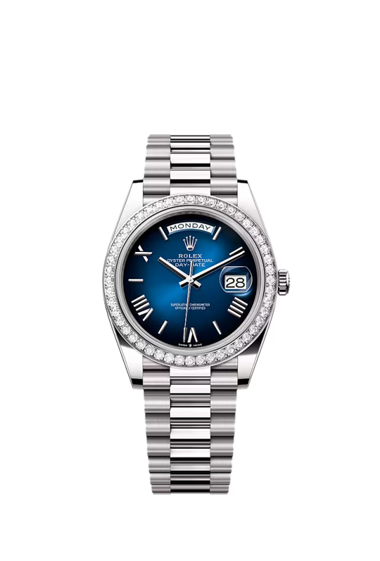 Men’s Rolex Day-Date 40 228349RBR Automatic White Gold Diamond Watch – Blue Ombre Dial - Zeuskicks