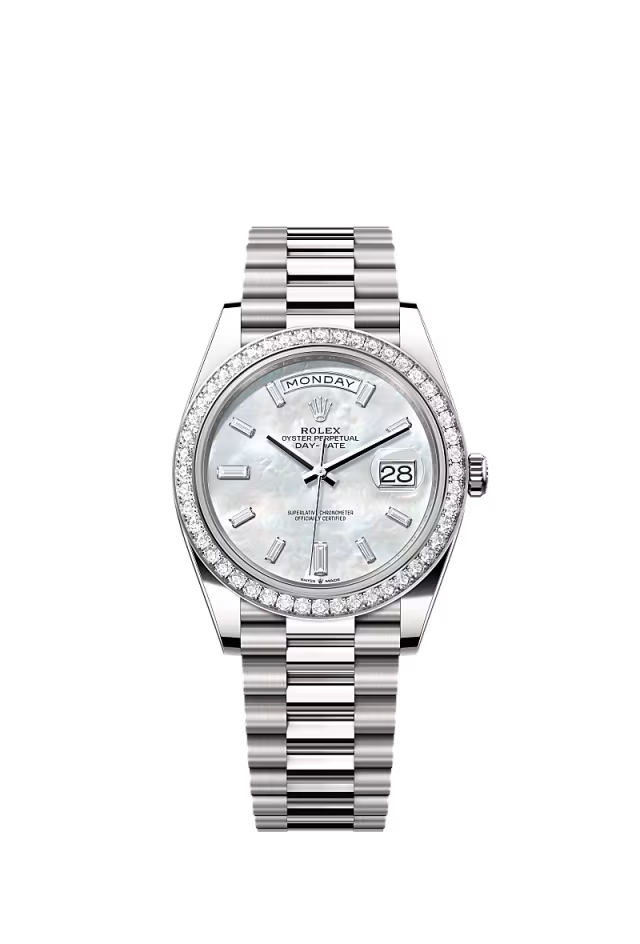 Men’s Rolex Day-Date 40 228349RBR Automatic White Gold Diamond Watch – White Mother-of-Pearl Dial - Zeuskicks