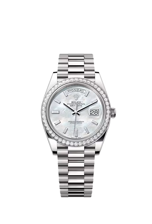 Men’s Rolex Day-Date 40 228349RBR Automatic White Gold Diamond Watch – White Mother-of-Pearl Dial - Zeuskicks