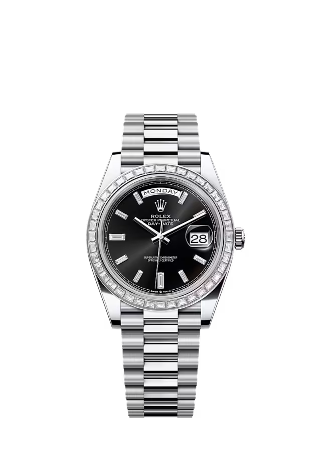 Men’s Rolex Day-Date 40 228396TBR Platinum & Diamond Watch with Bright Black Dial - Zeuskicks