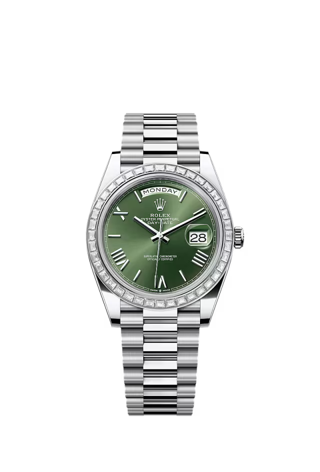 Rolex Day-Date 40 228396TBR Platinum & Diamond Watch – Olive Green Dial - Zeuskicks