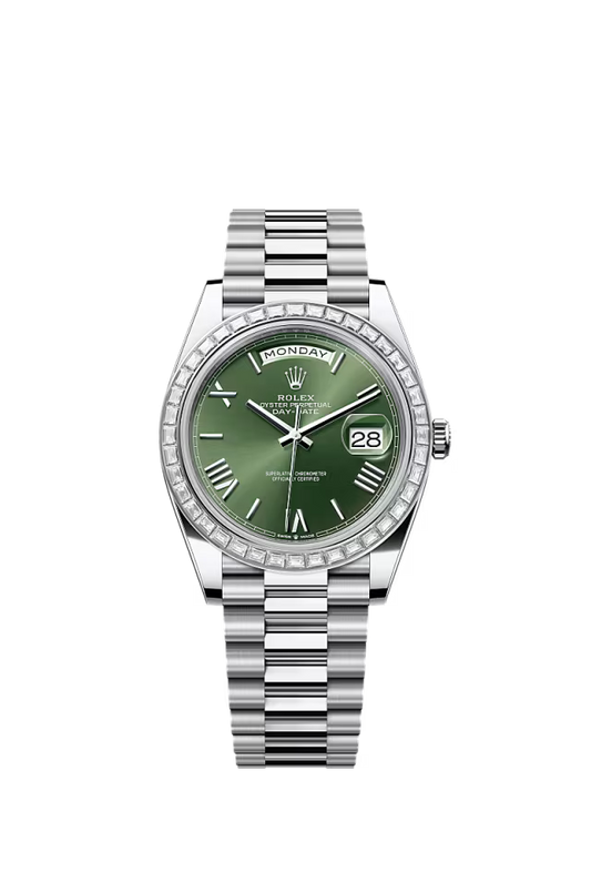 Rolex Day-Date 40 228396TBR Platinum & Diamond Watch – Olive Green Dial - Zeuskicks