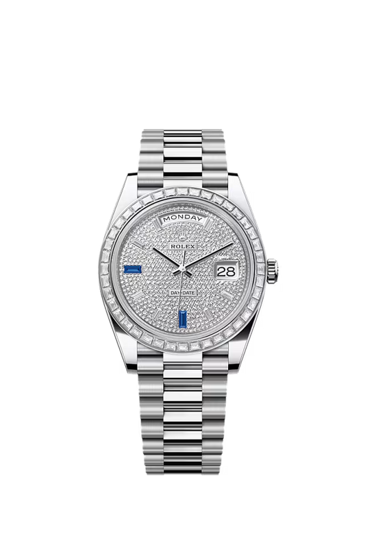 Men’s Rolex Day-Date 40 Platinum & Diamond Watch with Diamond-Paved Dial and Sapphires - Zeuskicks