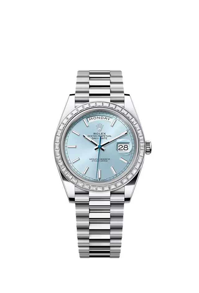 Rolex Day-Date 40 228396TBR Platinum & Diamond Watch – Ice Blue Dial - Zeuskicks