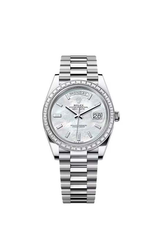 Men’s Rolex Day-Date 40 Platinum & Diamond Watch with White Mother-of-Pearl Dial - Zeuskicks