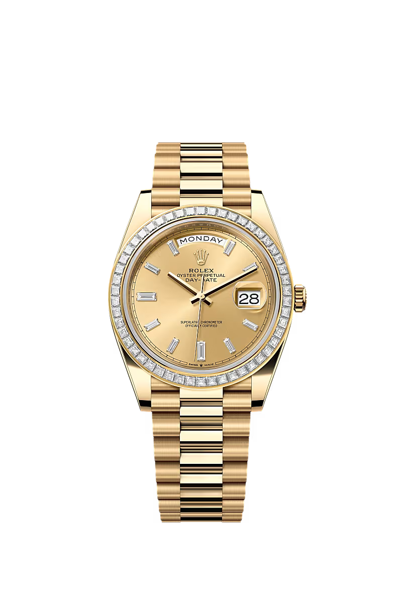 Men’s Rolex Day-Date 40 18K Yellow Gold Champagne Diamond Watch – Reference 228398TBR - Zeuskicks