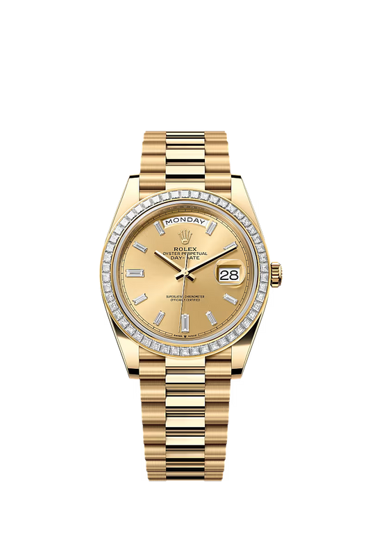 Men’s Rolex Day-Date 40 18K Yellow Gold Champagne Diamond Watch – Reference 228398TBR - Zeuskicks